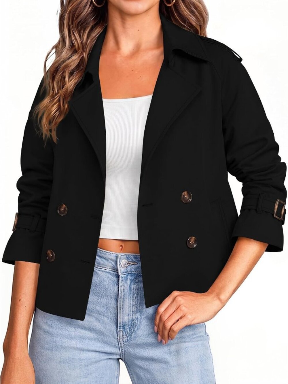 Women's Black Cropped Double Breasted Raglan Sleeve Notched Lapel Trench Coat